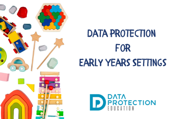 Baby toys on a white background. Data Protection Education logo.  Data protection for early years in blue text